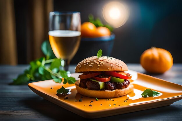 a hamburger with a glass of beer next to it