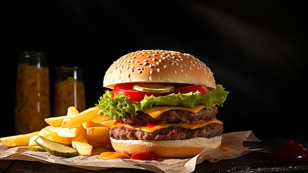 A hamburger with a glass of beer on the side.