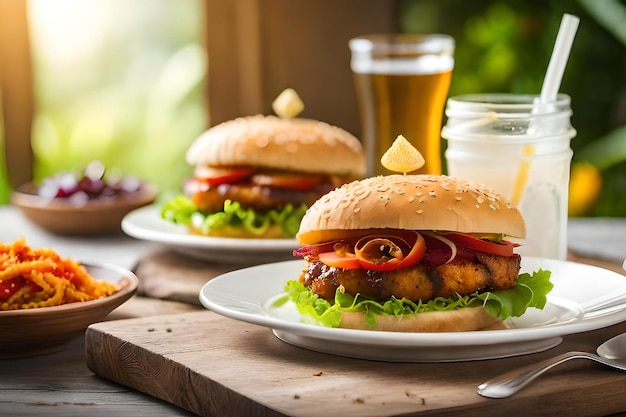 A hamburger with a glass of beer on the table