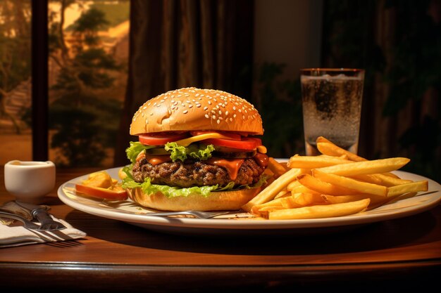 A hamburger with a glass of water in the background