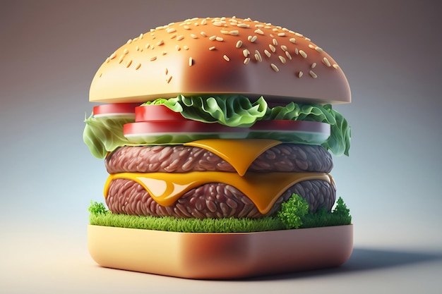 A hamburger with a grass lawn on it