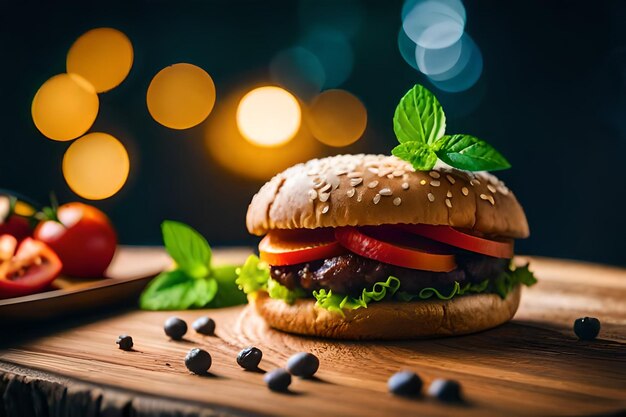 a hamburger with a green leaf on it and a cherry on the top.