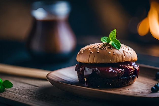 a hamburger with a green leaf on top of it