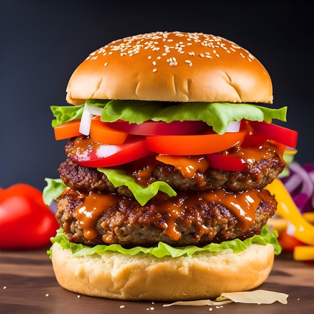 Photo a hamburger with a green lettuce and tomato sauce