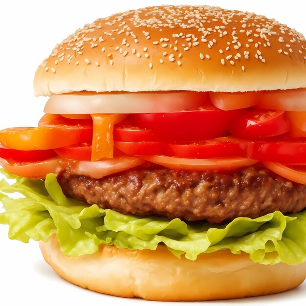 a hamburger with a green lettuce and tomatoes on it.