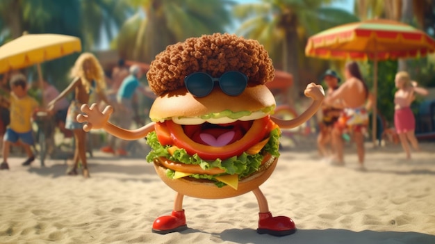 A hamburger with a hamburger on the beach