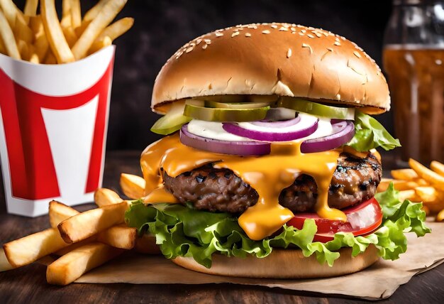 a hamburger with a hamburger and fries on a table