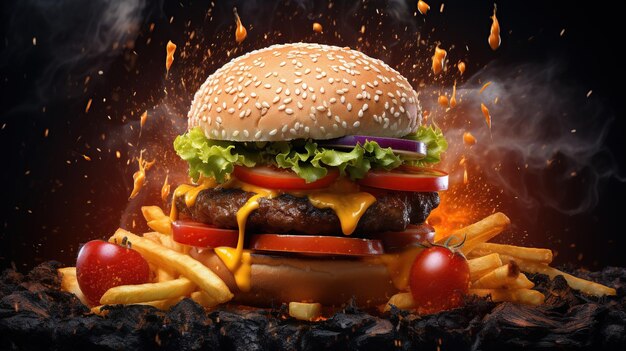 Photo a hamburger with a hamburger on it is in a fire