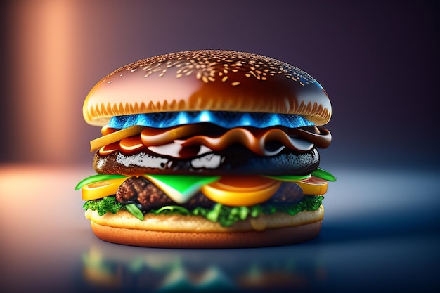 Photo a hamburger with a hamburger on it that has a blue background.