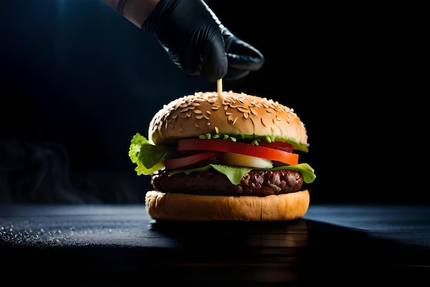 a hamburger with a hand holding a spoon and a piece of lettuce.