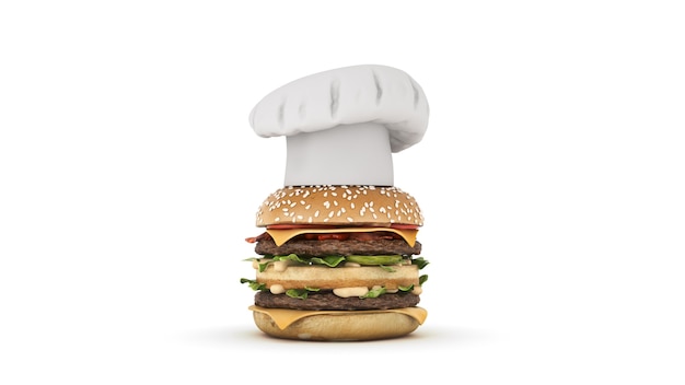 гамбургер в шляпе шеф-повар 3d рендеринг