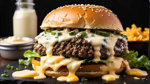 A hamburger with a juicy patty with melted cheddar cheese and a creamy garlic aioli