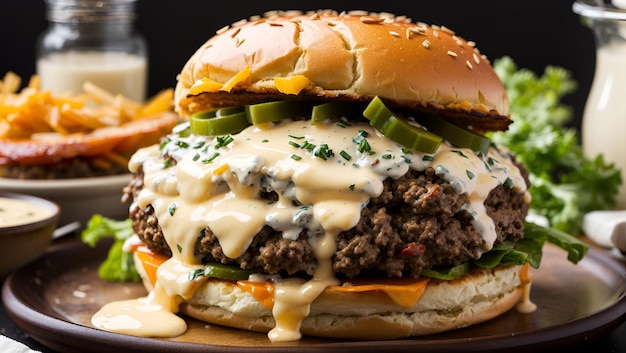 Photo a hamburger with a juicy patty with melted cheddar cheese and a creamy garlic aioli