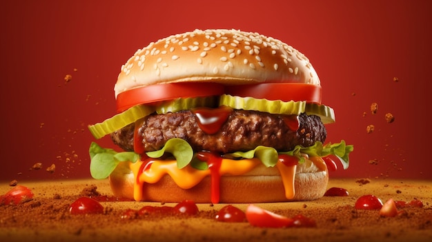 A hamburger with ketchup and ketchup on it