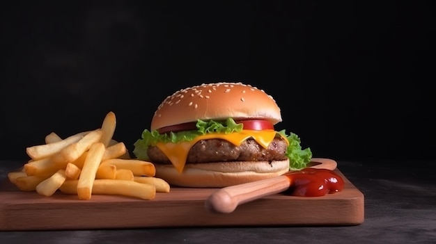 A hamburger with a knife and fork next to a pile of french fries.