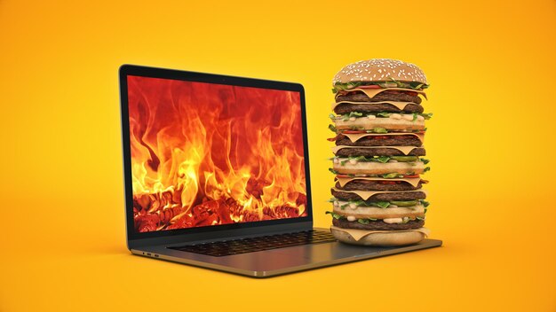 hamburger with laptop 3d rendering