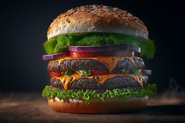 ジェネレーティブ AI を使用して作成された、チーズと野菜を重ねたハンバーガー
