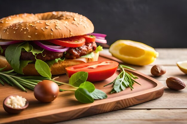 A hamburger with a lemon and tomatoes on a wooden board