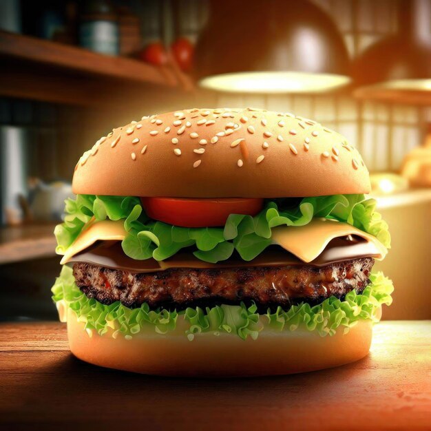 A hamburger with lettuce on it and a light in the background.