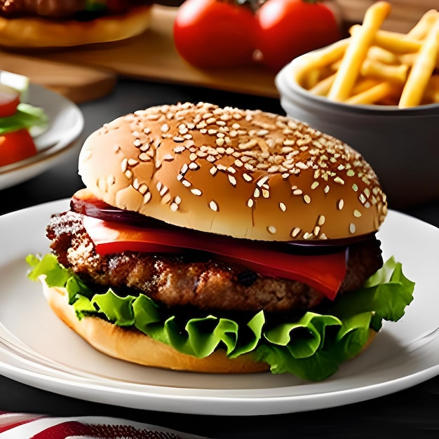 A hamburger with lettuce on it sits on a plate with a bowl of fries in the background.