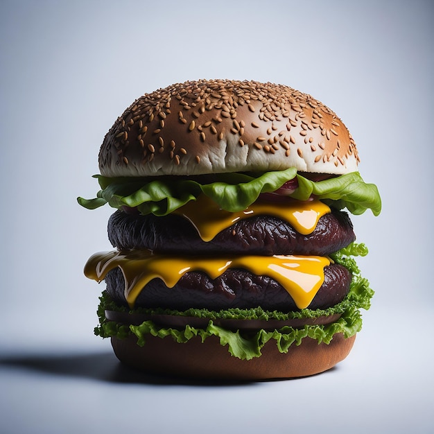 A hamburger with lettuce on it and a white background