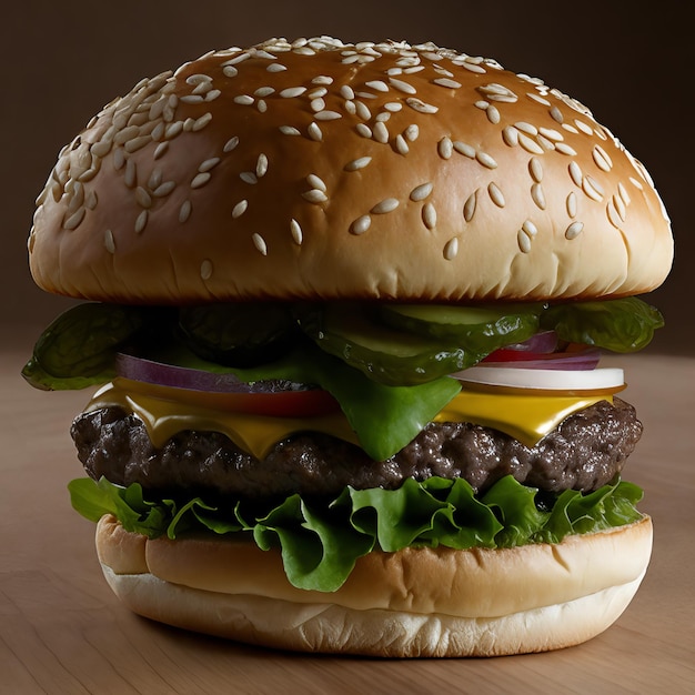 A hamburger with lettuce onions and onions is sitting on a table