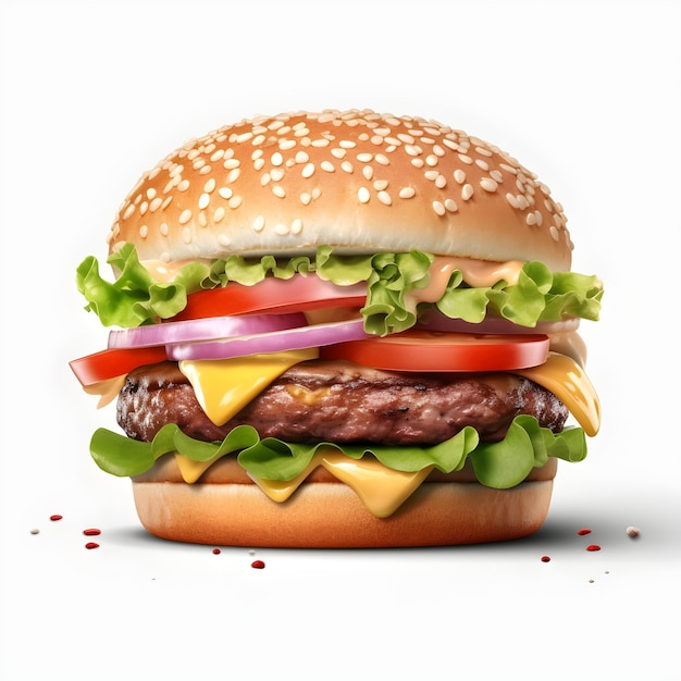 A hamburger with lettuce, onions, and tomato on it.