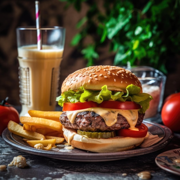 A hamburger with lettuce, tomato, and cheese on it.