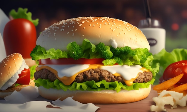 A hamburger with lettuce, tomato, and cheese on it.