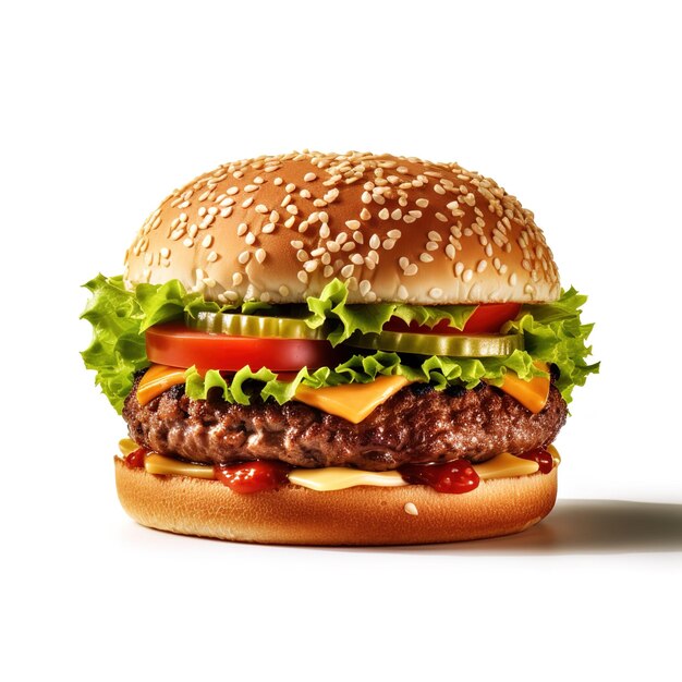 A hamburger with lettuce, tomato, and cheese on it