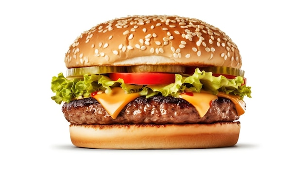 A hamburger with lettuce, tomato, and cheese on it.