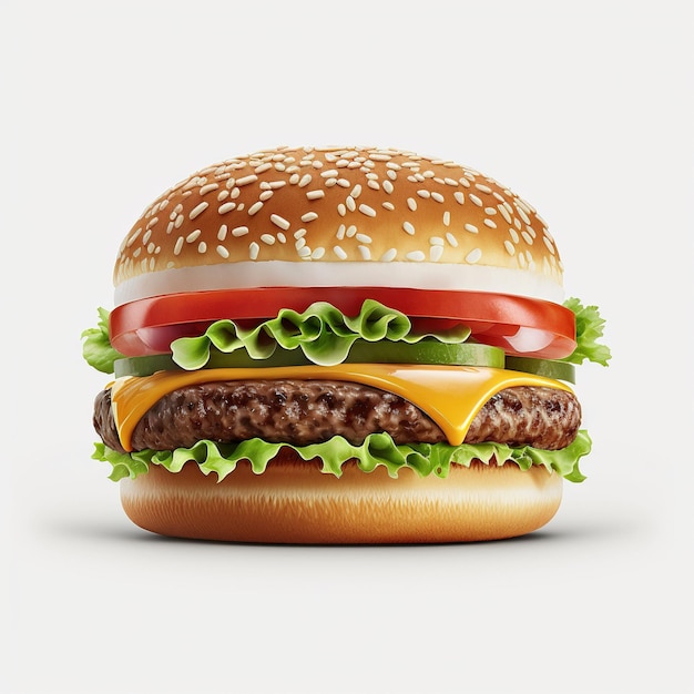 A hamburger with a lettuce, tomato, and cheese on it.