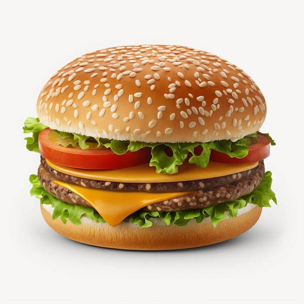 A hamburger with lettuce, tomato, and cheese on it.