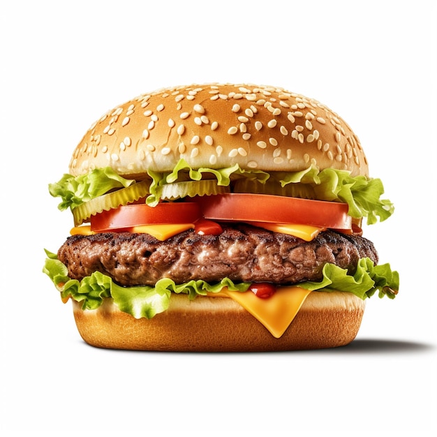 A hamburger with lettuce, tomato, and cheese on it