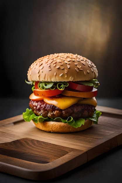 A hamburger with lettuce, tomato, and cheese on a wooden board.