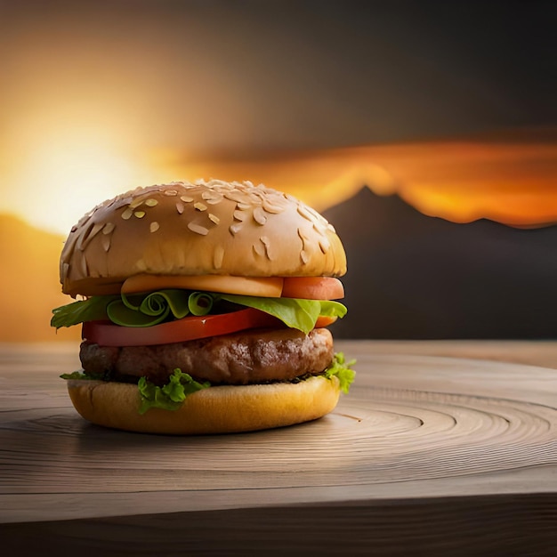 A hamburger with lettuce and tomato on it sits on a wooden table.