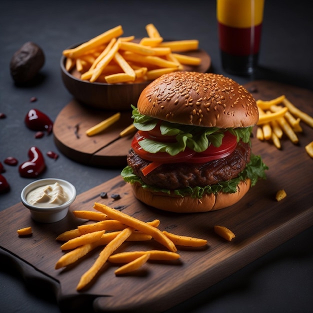 A hamburger with lettuce and tomato on it sits on a wooden tray.