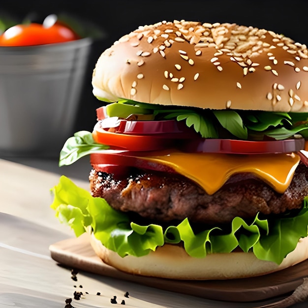A hamburger with lettuce, tomato, and lettuce on it sits on a wooden surface.
