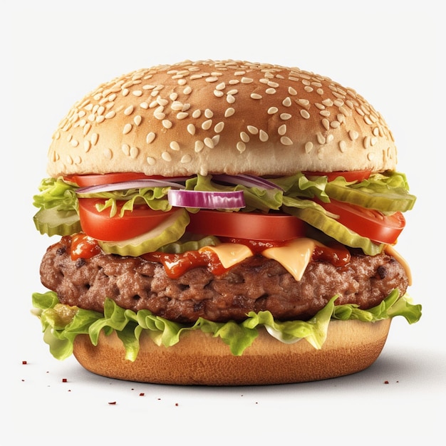 A hamburger with lettuce, tomato, and lettuce on it.