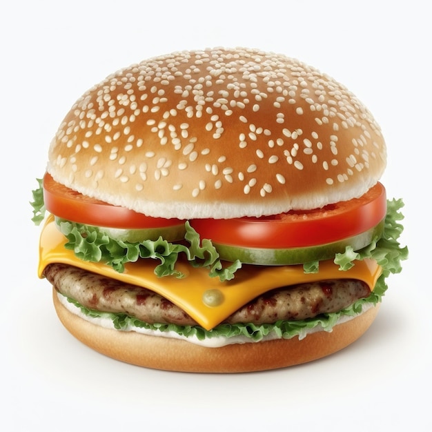 A hamburger with lettuce, tomato, and lettuce on it.