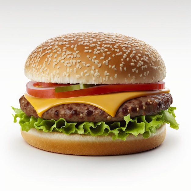 A hamburger with lettuce, tomato, and lettuce on it.