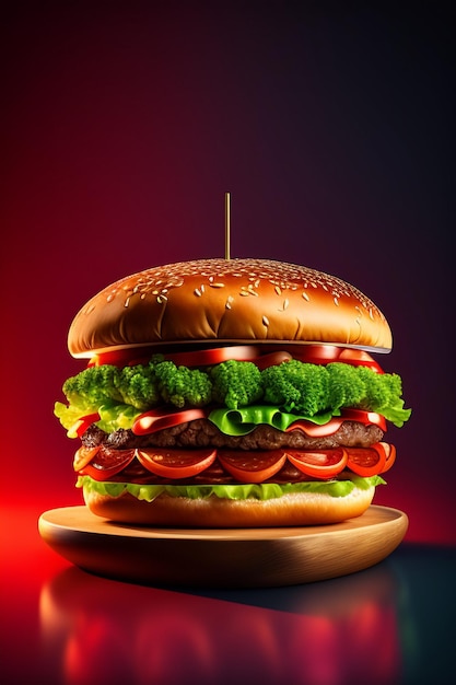 A hamburger with lettuce, tomato, and lettuce on it.