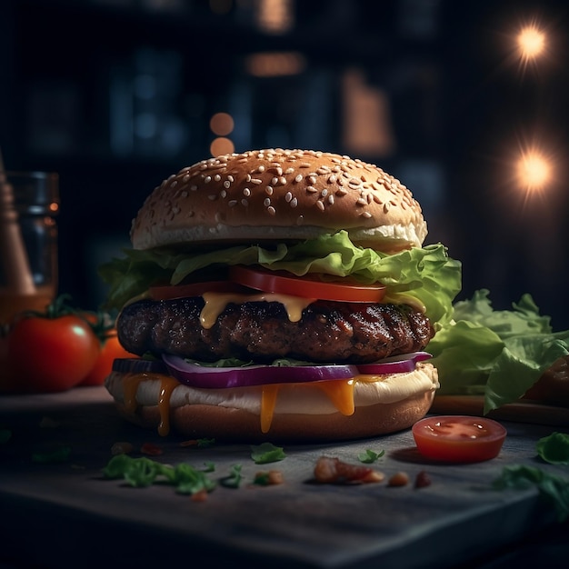 Photo a hamburger with lettuce, tomato, and lettuce on it.