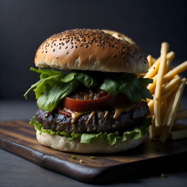 A hamburger with lettuce, tomato, and lettuce sits on a wooden board.