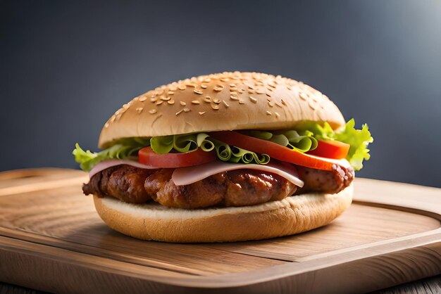 A hamburger with lettuce, tomato, and lettuce on a wooden board.