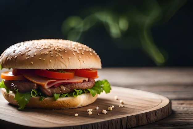 A hamburger with lettuce, tomato, and lettuce on a wooden cutting board.