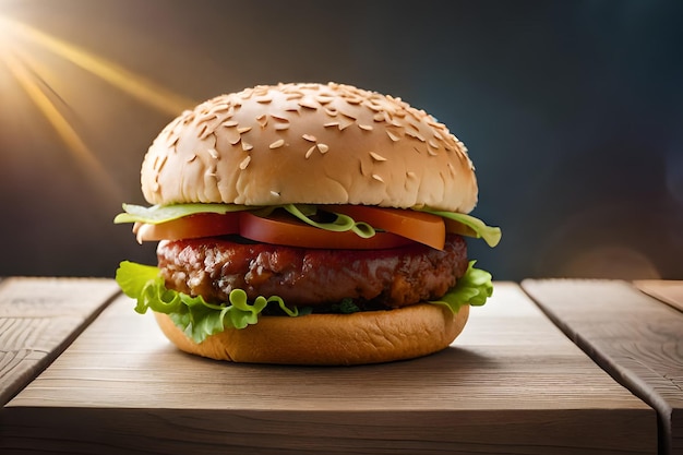 A hamburger with lettuce, tomato, and lettuce on a wooden table.