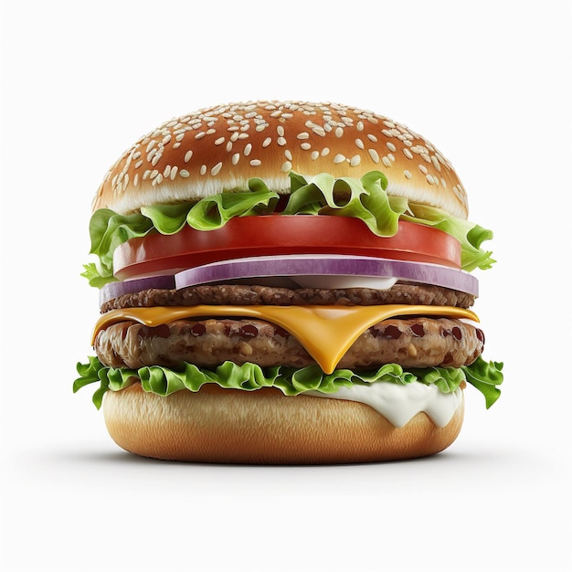 A hamburger with lettuce, tomato, and onion on it.