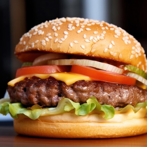 A hamburger with lettuce, tomato, and onion on it.