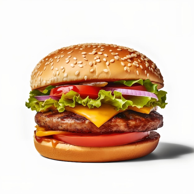 A hamburger with lettuce, tomato, and onion on it.